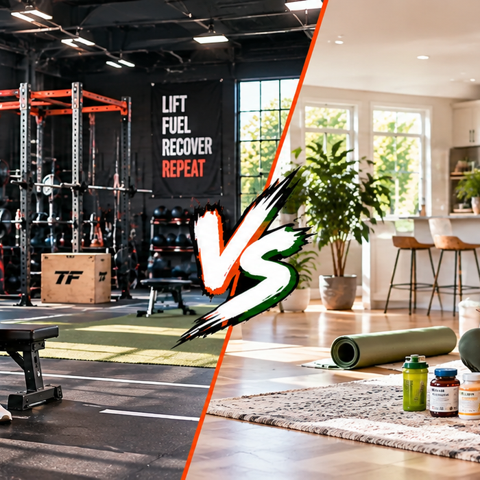 Tiger Fitness vs. iHerb comparison showing a lifter in a Tiger Fitness gym and a woman unpacking an iHerb wellness order at home.