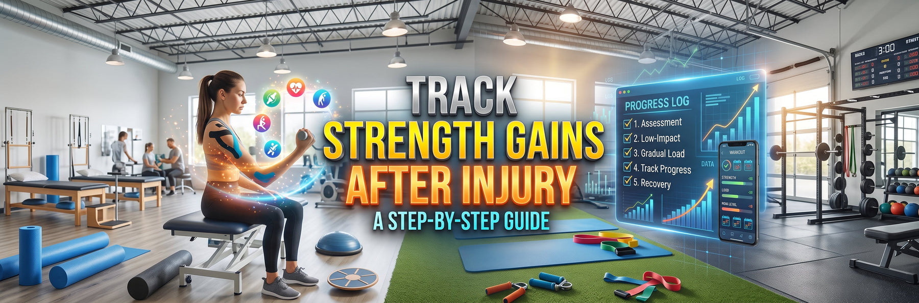 Track Strength Gains After Injury: A Step-by-Step Guide," showing a woman in a physical therapy clinic doing gentle exercises on the left, and a digital "Progress Log" checklist and growth charts on the right.