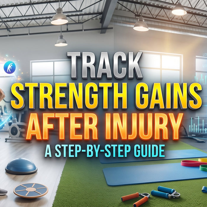 Track Strength Gains After Injury: A Step-by-Step Guide," showing a woman in a physical therapy clinic doing gentle exercises on the left, and a digital "Progress Log" checklist and growth charts on the right.