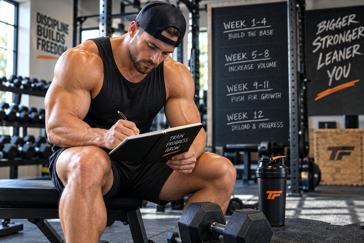 Muscular man seated on a gym bench logging his workout, with dumbbells and a 12-week hypertrophy training plan displayed in the background.