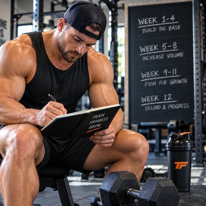 Muscular man seated on a gym bench logging his workout, with dumbbells and a 12-week hypertrophy training plan displayed in the background.