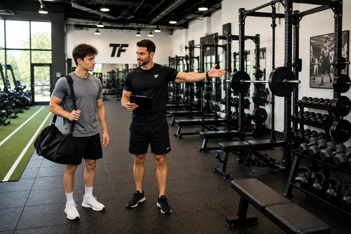 New lifter touring a gym with a personal trainer who is explaining equipment and creating a beginner workout plan.
