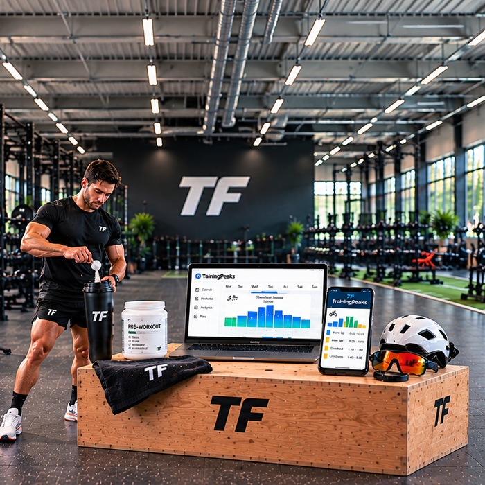 Athlete preparing a pre-workout supplement in a modern Tiger Fitness gym, with TrainingPeaks workout schedules displayed on a laptop and phone, illustrating how to time pre-workout supplements for optimal training performance.