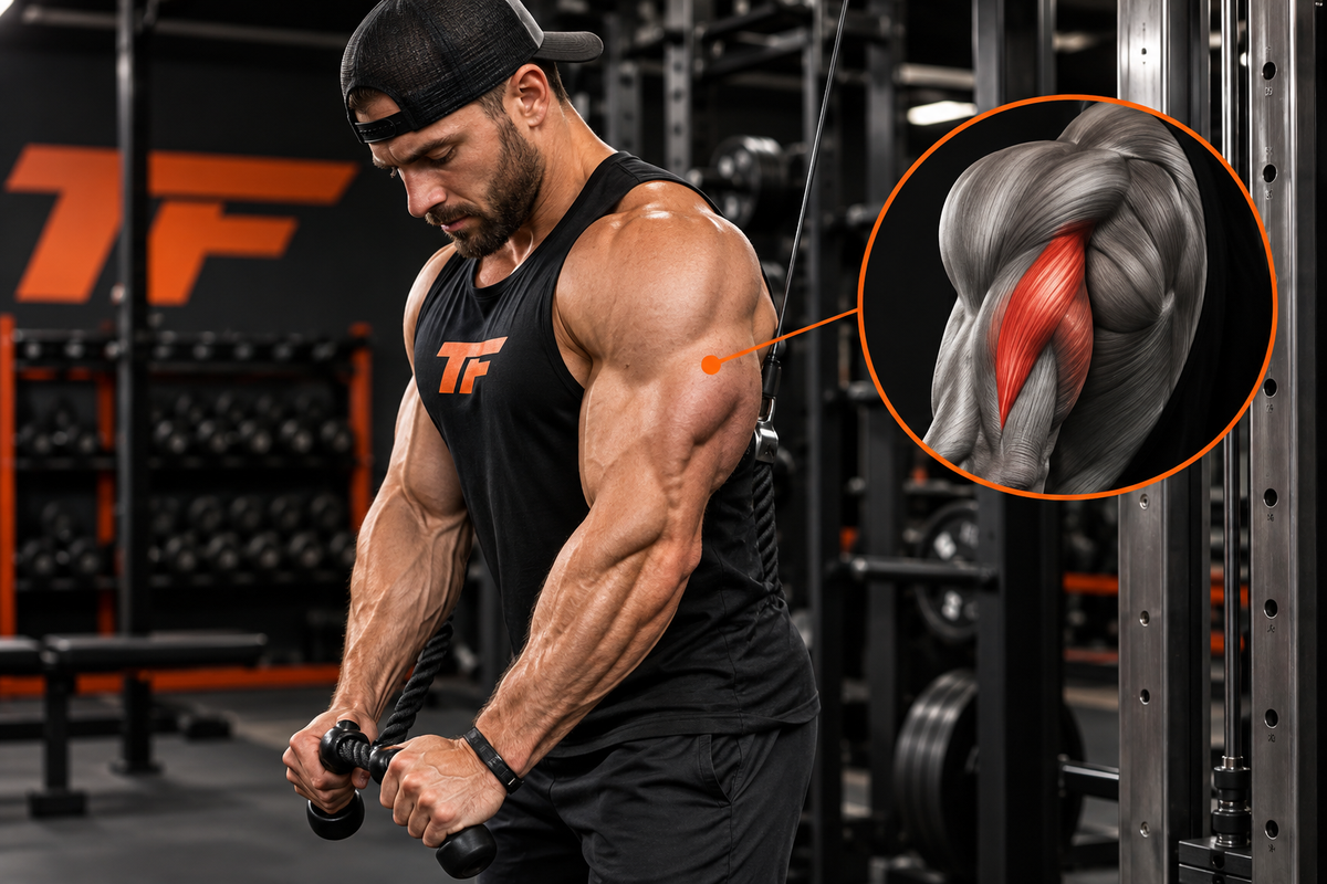 Muscular athlete performing a rope tricep pushdown in a Tiger Fitness gym, with an anatomical graphic highlighting the tricep long head muscle.