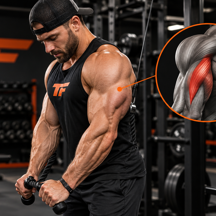 Muscular athlete performing a rope tricep pushdown in a Tiger Fitness gym, with an anatomical graphic highlighting the tricep long head muscle.