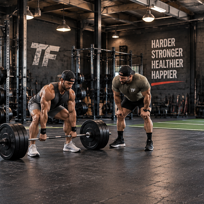 Two men training together in an industrial-style gym, with one performing a barbell deadlift while the other coaches, representing smart lifting and avoiding overtraining.