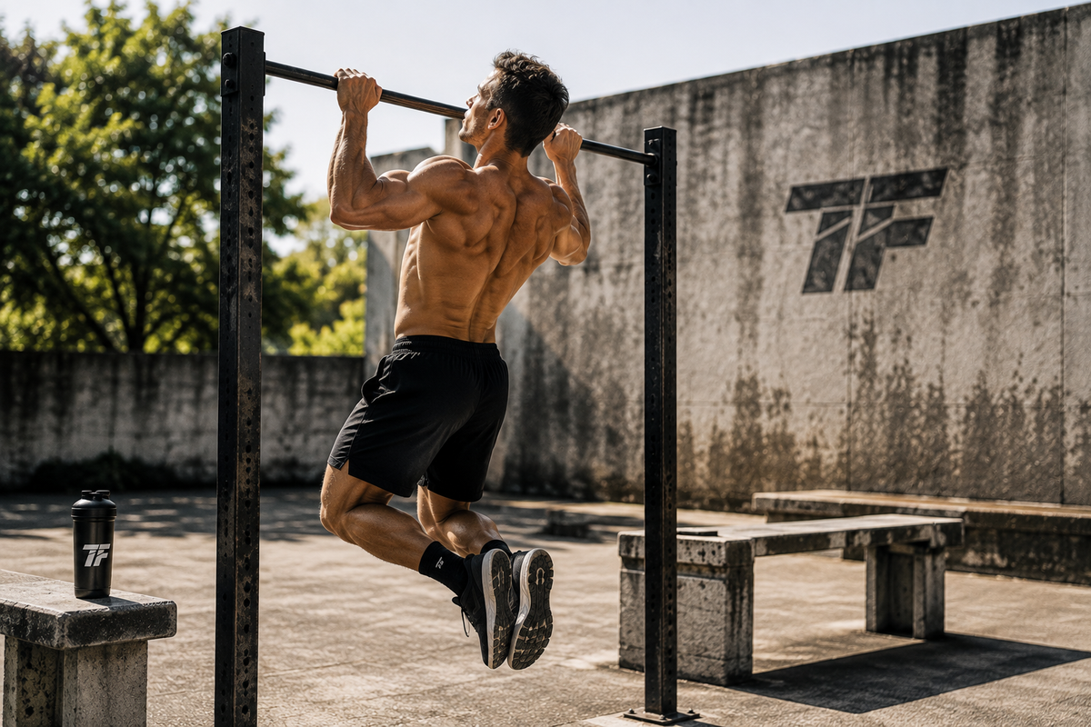 Man performing outdoor pull-ups for a prison style bodyweight workout plan