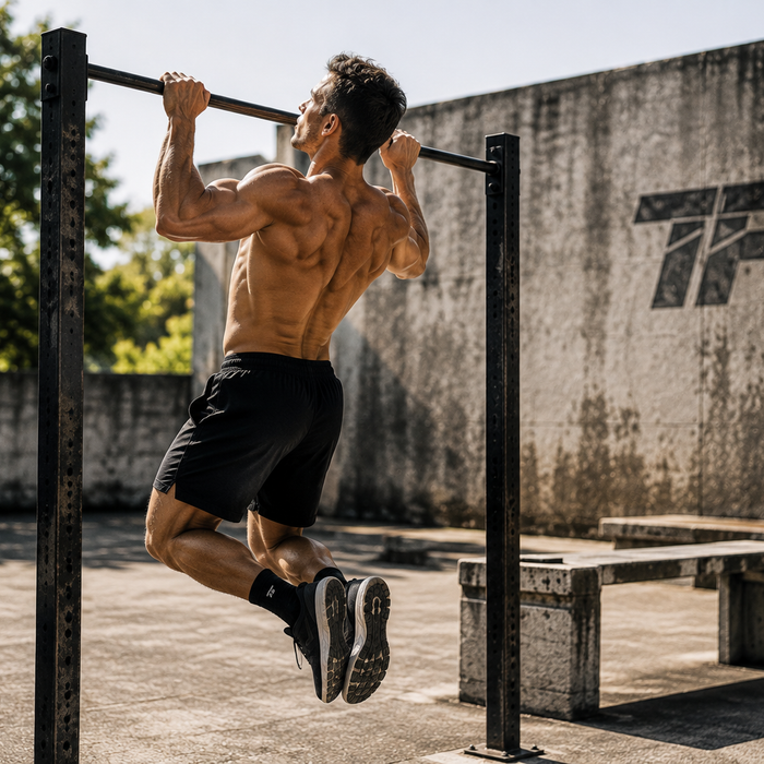 Man performing outdoor pull-ups for a prison style bodyweight workout plan