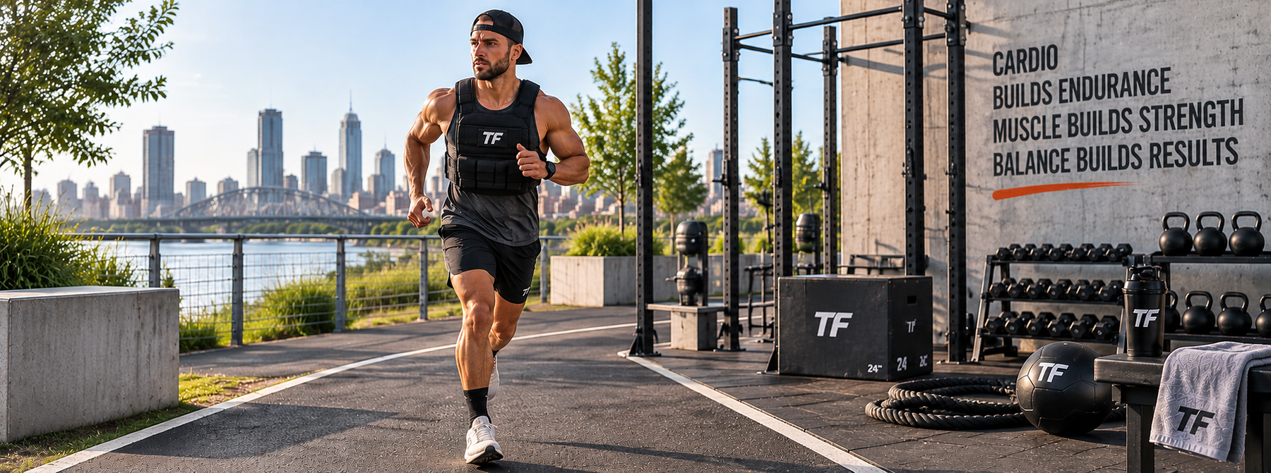 Athlete running in a weighted vest beside an outdoor gym, representing cardio training while maintaining strength and building muscle.