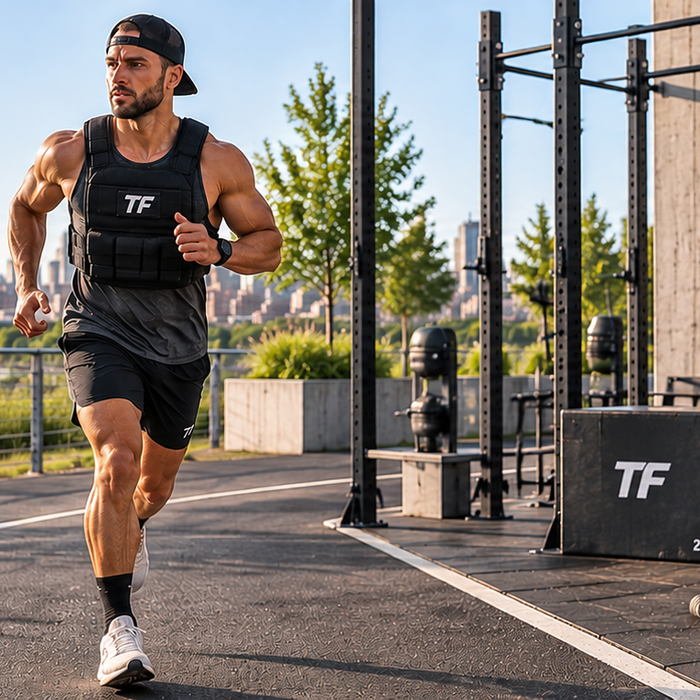 Athlete running in a weighted vest beside an outdoor gym, representing cardio training while maintaining strength and building muscle.