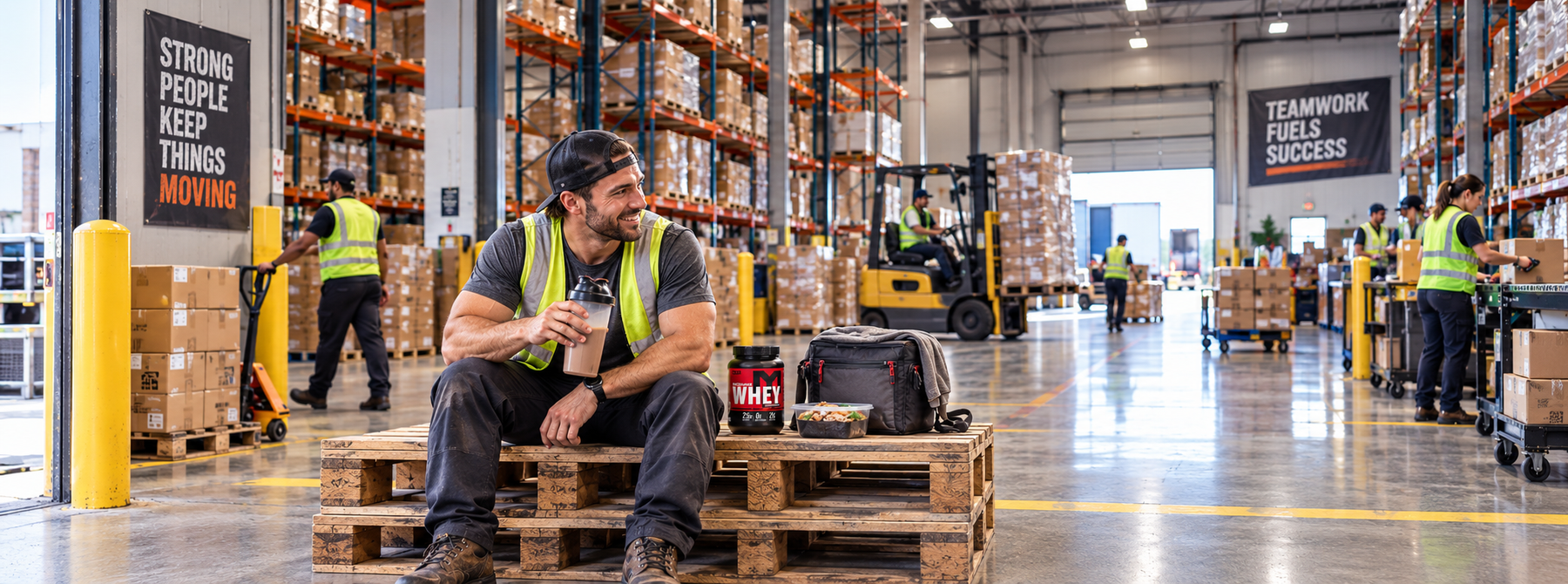 Warehouse worker taking a break with MTS Machine Whey protein, a shaker, and meal prep while coworkers work in a busy warehouse.