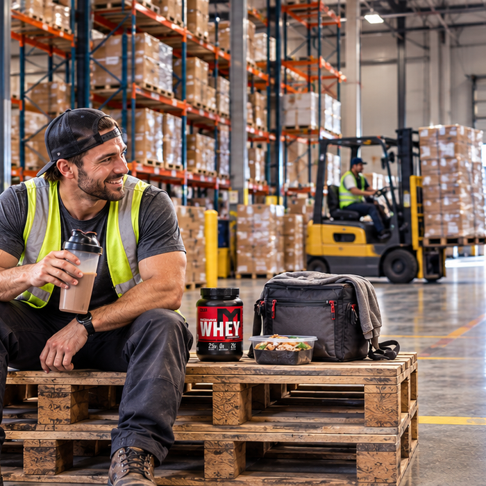 Warehouse worker taking a break with MTS Machine Whey protein, a shaker, and meal prep while coworkers work in a busy warehouse.