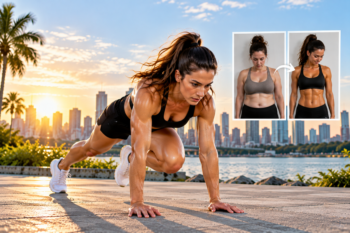Woman performing mountain climbers outdoors with a before-and-after weight loss transformation for a bodyweight fat-loss program.