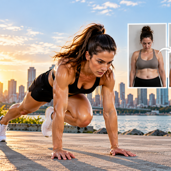 Woman performing mountain climbers outdoors with a before-and-after weight loss transformation for a bodyweight fat-loss program.