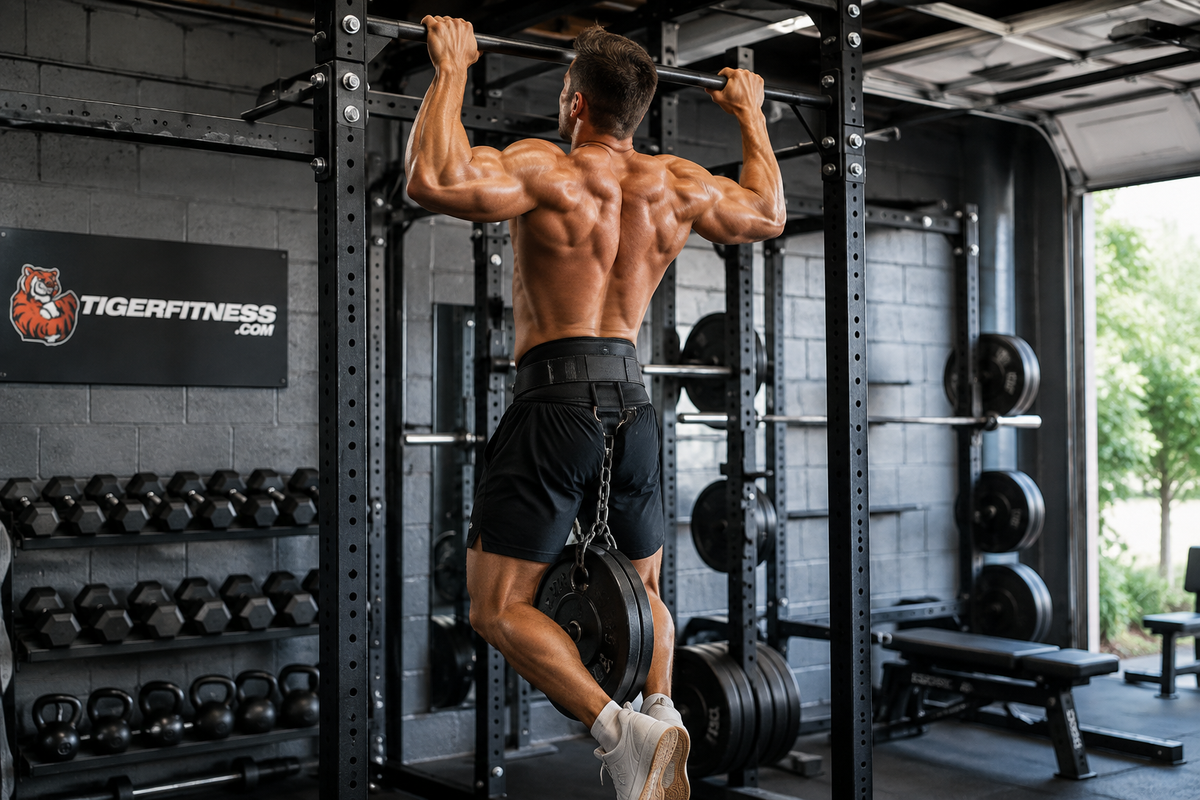 Man performing a weighted pull-up with a weight plate in a gym