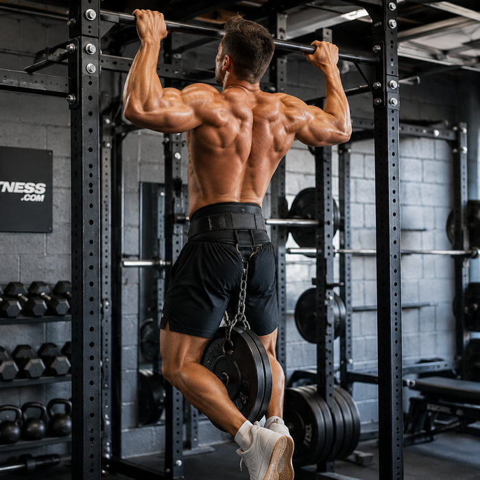Man performing a weighted pull-up with a weight plate in a gym