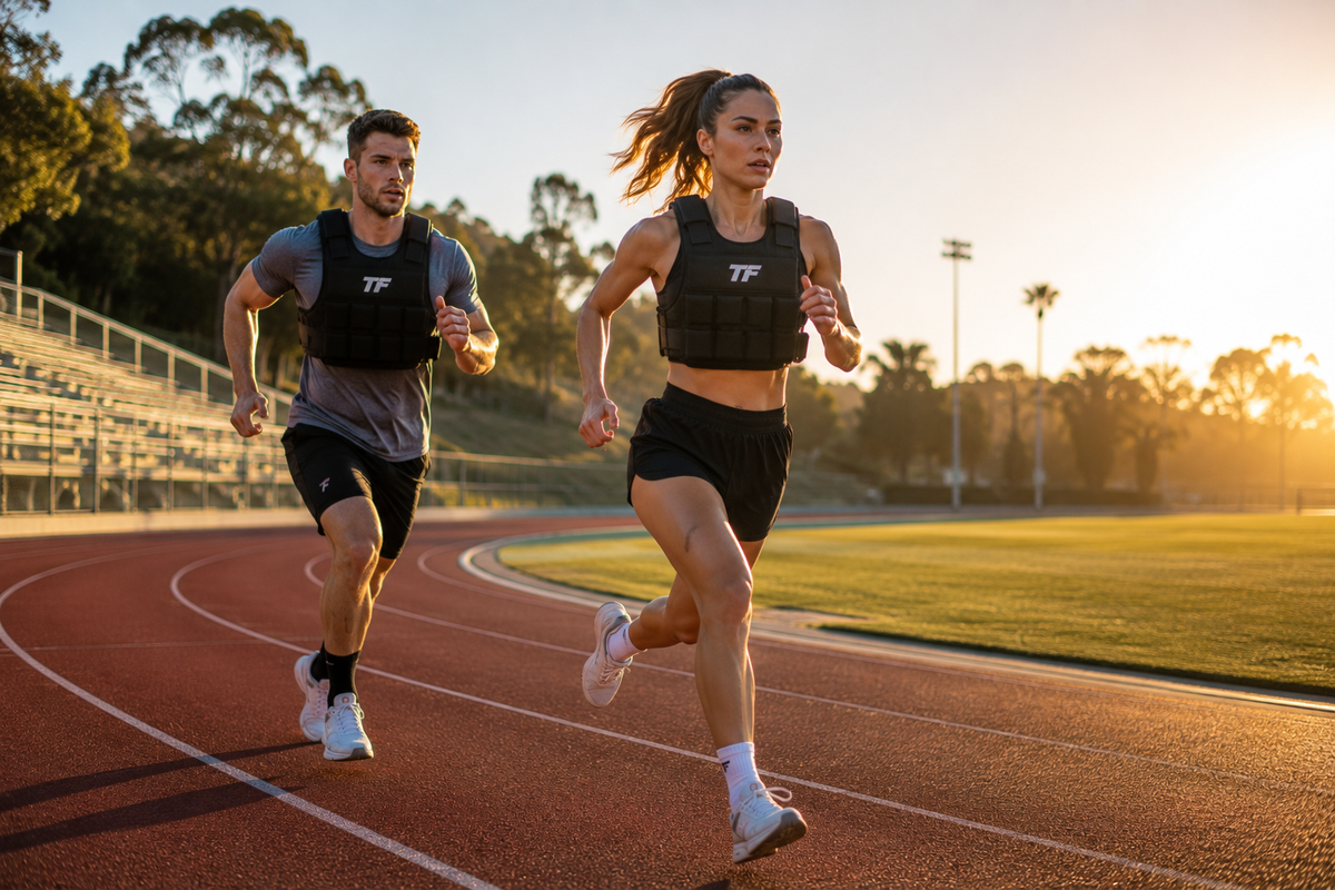 Male and female runners wearing weighted vests during a strength training workout on an outdoor track.