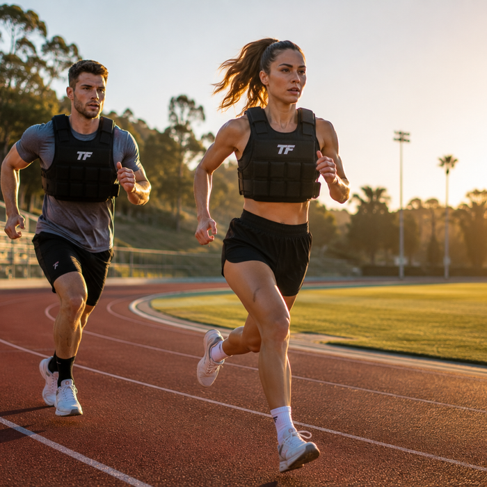 Male and female runners wearing weighted vests during a strength training workout on an outdoor track.