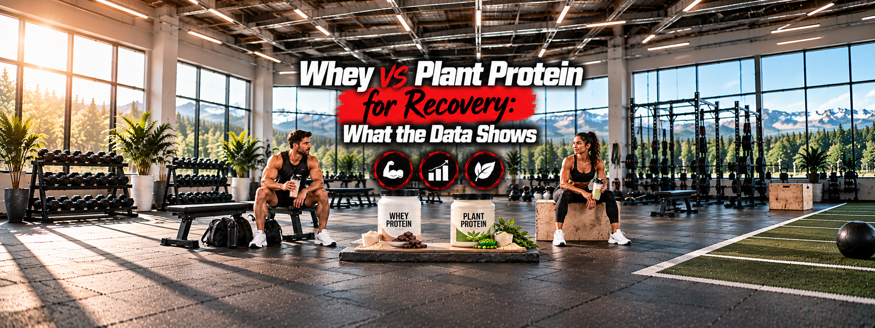 Whey vs. plant protein for muscle recovery, featuring two athletes with protein shakes in a gym and whey and plant protein supplement containers highlighting recovery benefits.