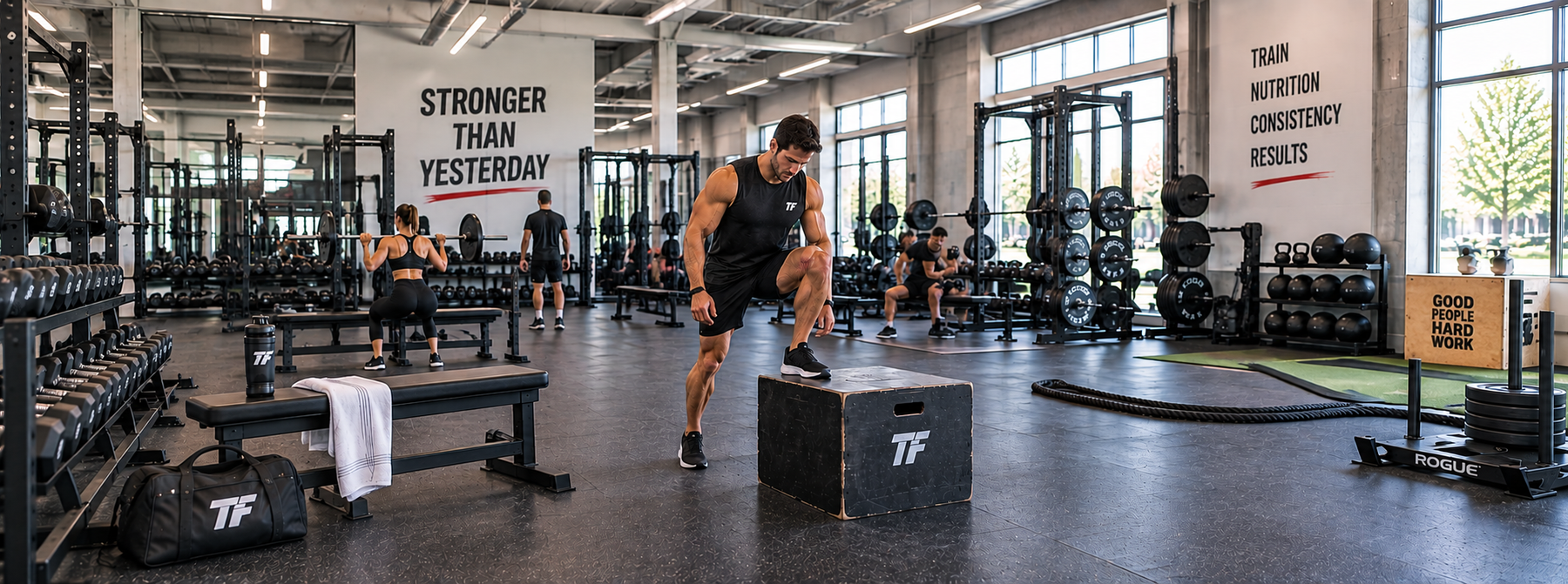 Male athlete performing step-ups in a spacious gym while other athletes strength train in the background.