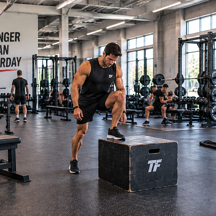 Male athlete performing step-ups in a spacious gym while other athletes strength train in the background.
