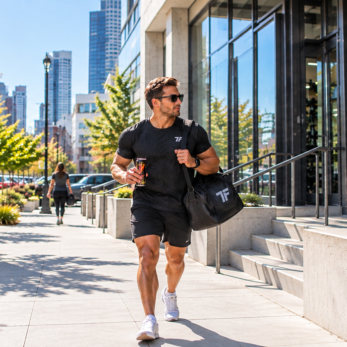 Fit man heading to the gym with an energy drink and gym bag for an afternoon workout.