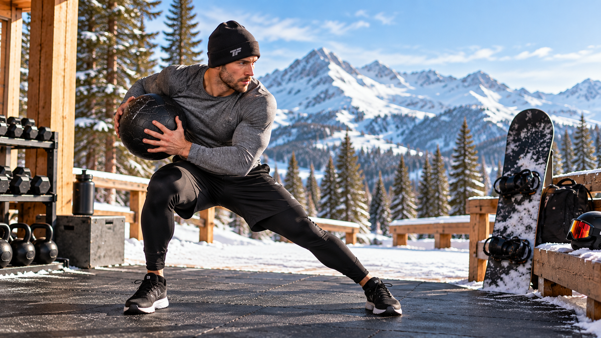 Athlete performing a medicine ball lateral lunge during a skiing and snowboarding workout with snowy mountains and snowboard gear in the background. Tiger Fitness Style