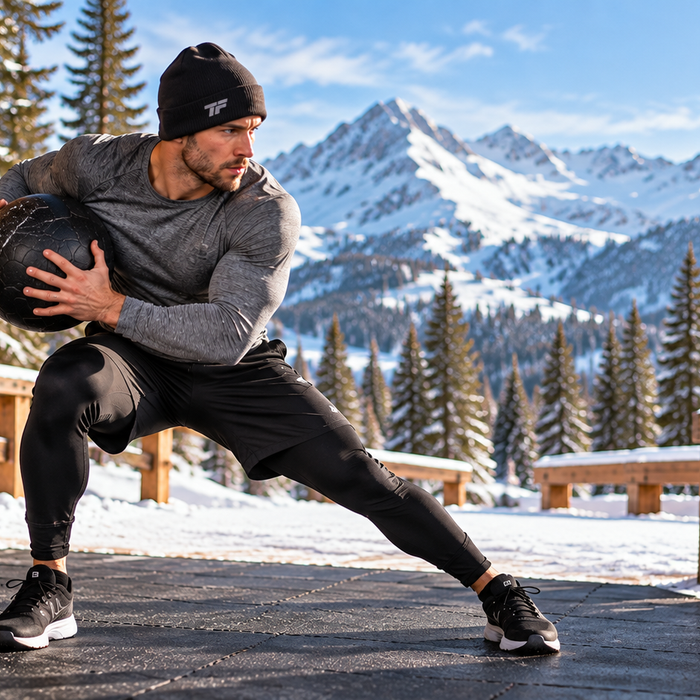 Athlete performing a medicine ball lateral lunge during a skiing and snowboarding workout with snowy mountains and snowboard gear in the background. Tiger Fitness Style