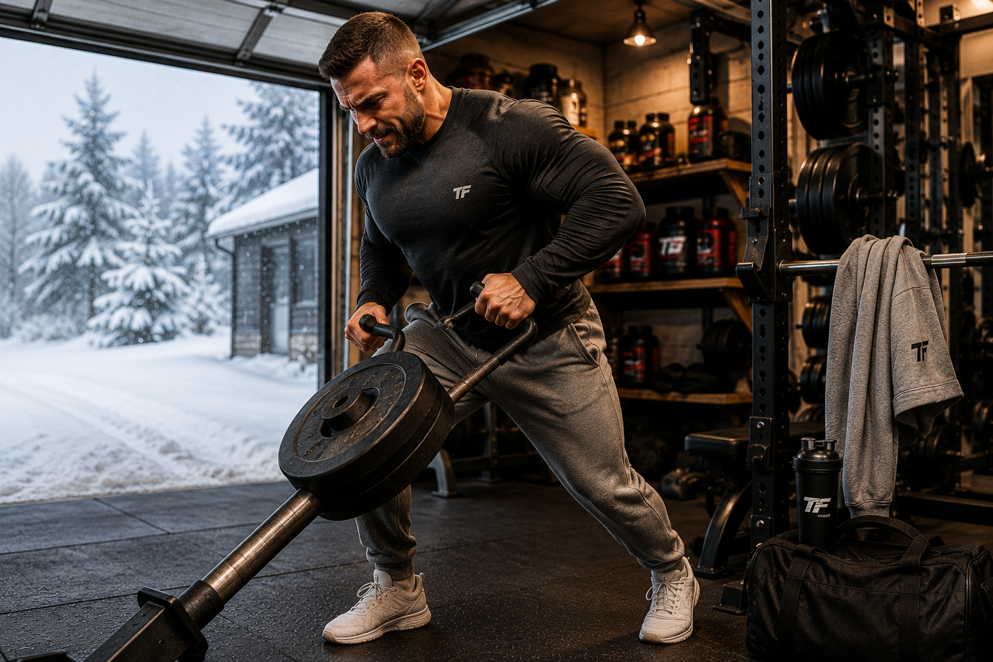 Muscular man performing a landmine row in a garage gym with snow-covered trees outside during a winter bulk workout