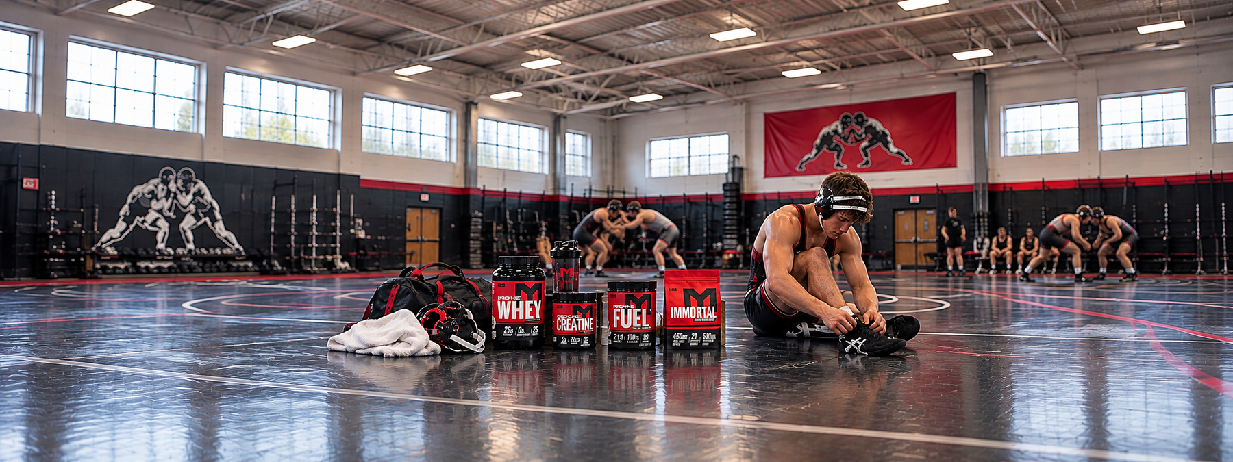 Wrestler preparing for training on a wrestling mat with MTS Nutrition whey protein, creatine, pre-workout, and vitamins, highlighting supplements for wrestling performance and recovery.