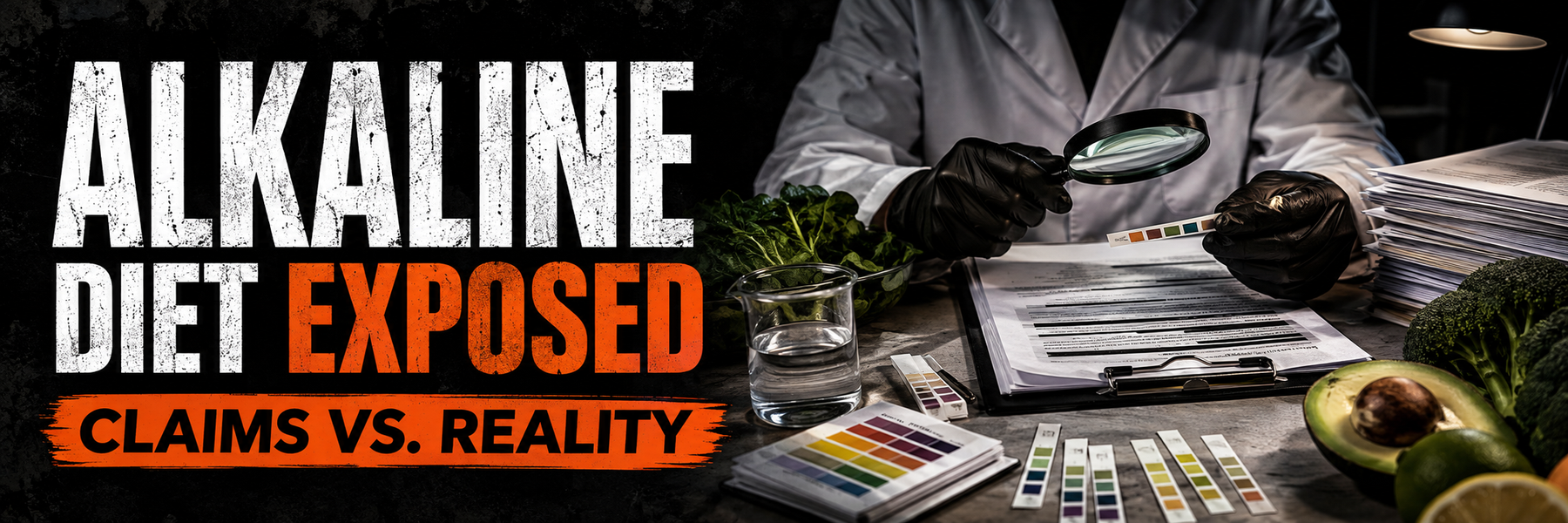 Researcher examining alkaline foods and pH strips with text Alkaline Diet Exposed – Claims vs. Reality