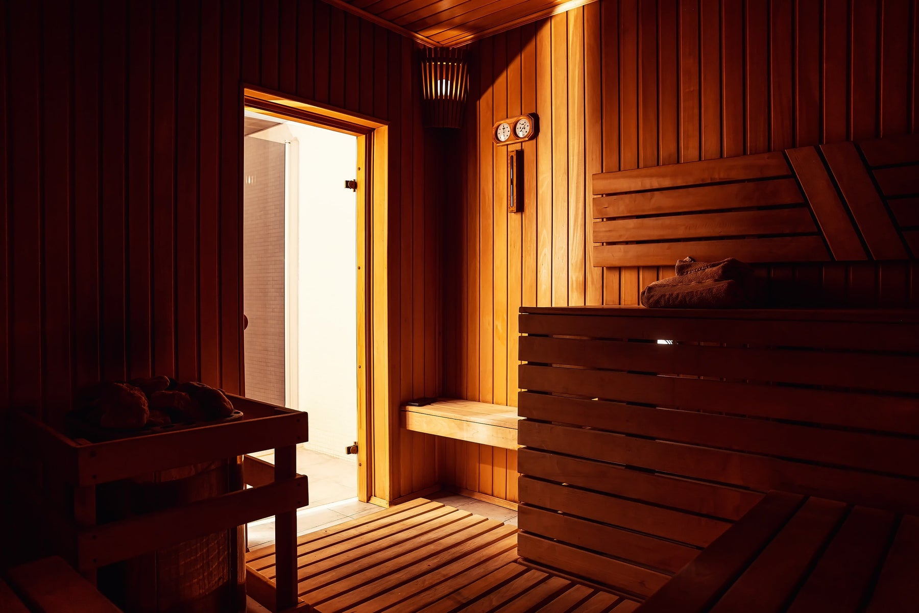 Interior of a Finnish sauna used for cold and hot shock protein activation
