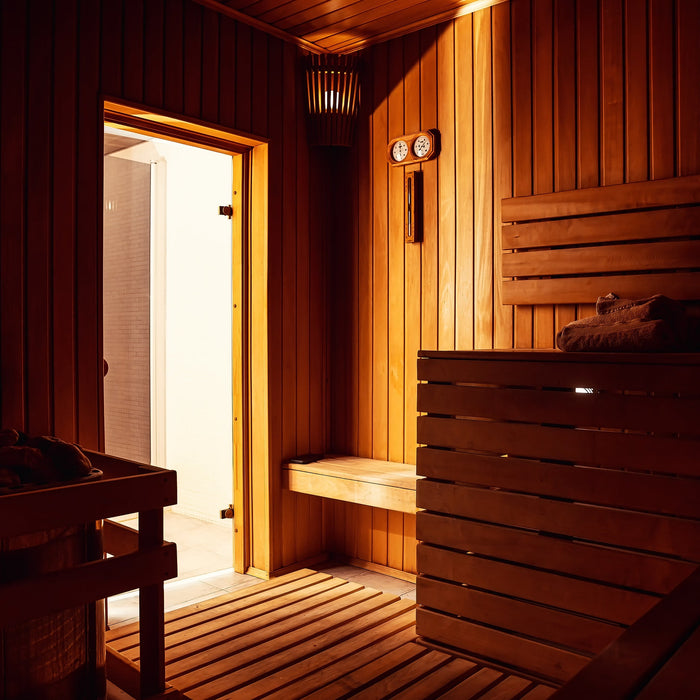 Interior of a Finnish sauna used for cold and hot shock protein activation