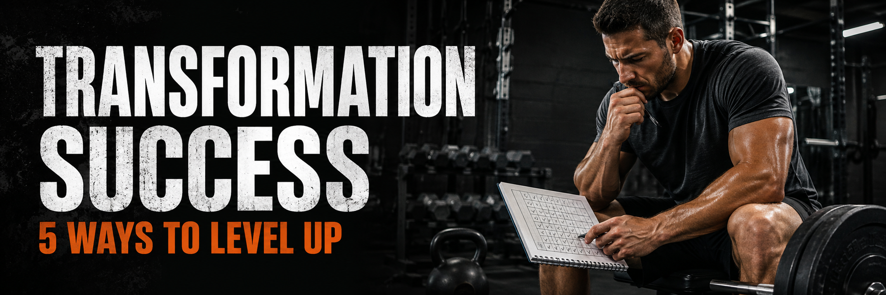 Athlete reviewing a training checklist with text Transformation Success – 5 Ways to Level Up