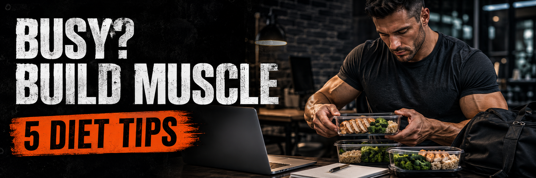 Busy muscular man packing high-protein meals with text Busy? Build Muscle – 5 Diet Tips