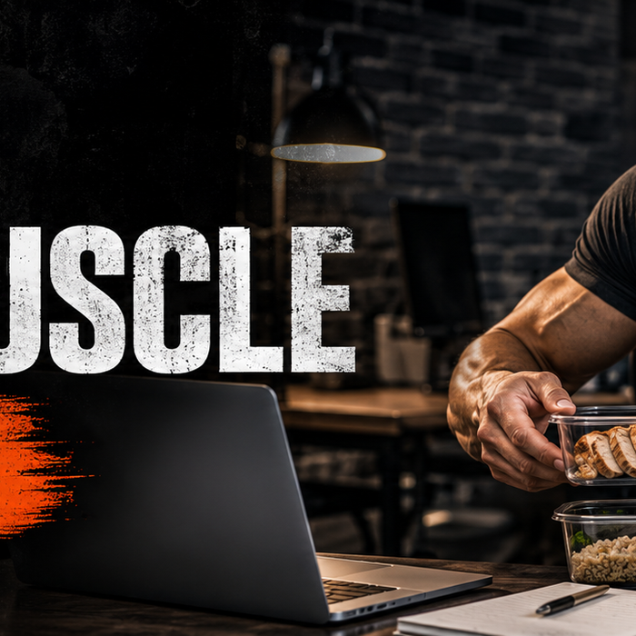 Busy muscular man packing high-protein meals with text Busy? Build Muscle – 5 Diet Tips