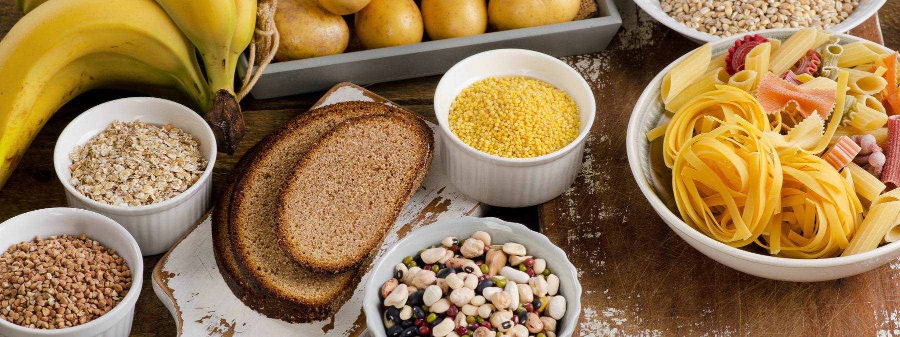 Assortment of high carbohydrate foods debunking common myths