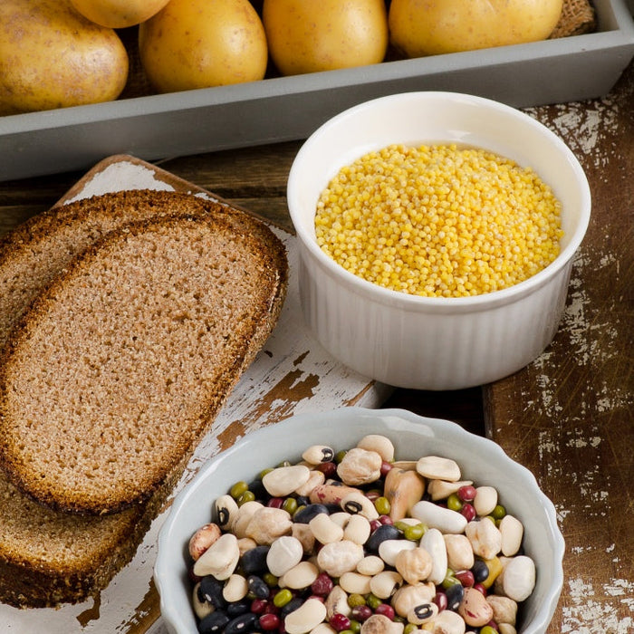Assortment of high carbohydrate foods debunking common myths