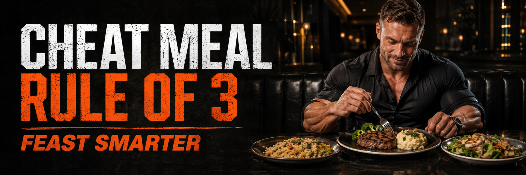 Muscular man enjoying a balanced restaurant meal with text Cheat Meal Rule of 3 – Feast Smarter