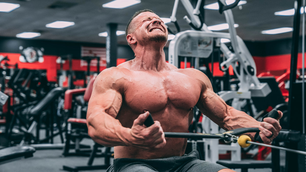 Marc Lobliner pulling on a seated cable row in a busy commercial gym, one of the swappable back movements in this crowded gym workout plan