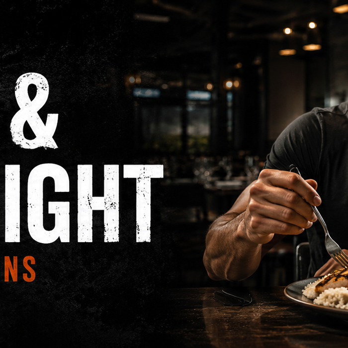 Athletic man choosing a healthy restaurant meal with text Eat Out and Lose Weight – 5 practical solutions