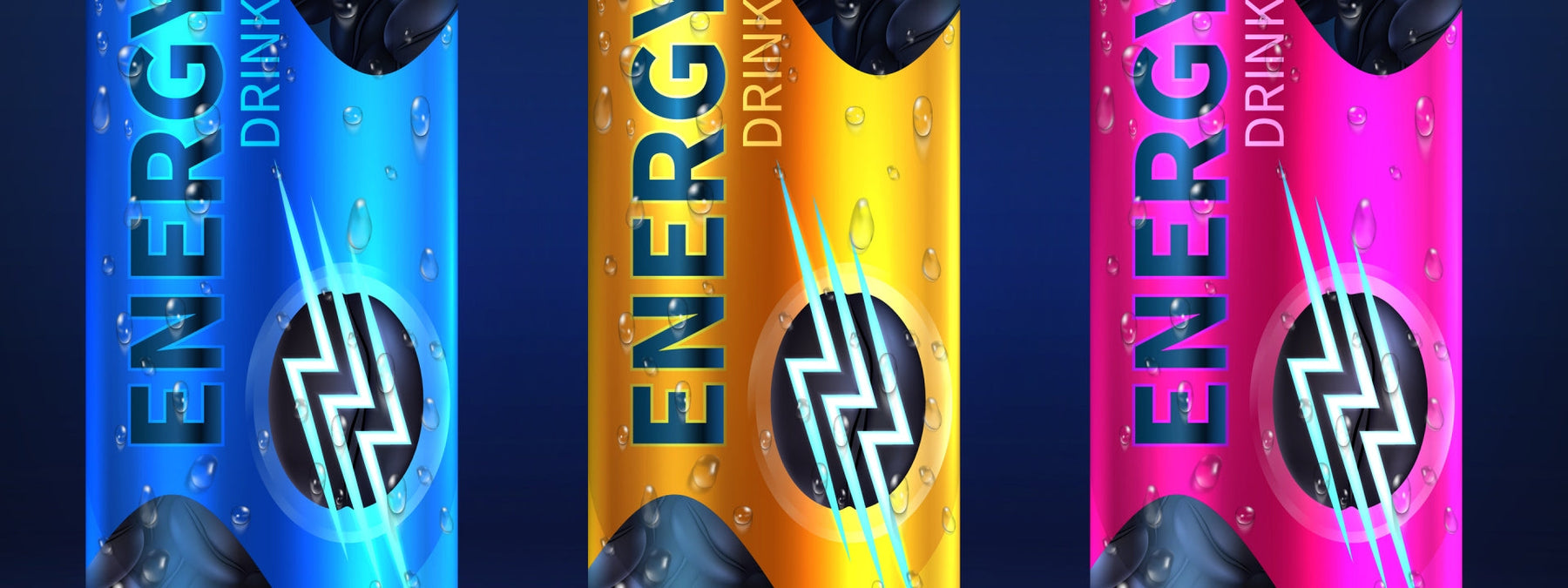 Energy drink cans illustrating the complete history of energy drinks