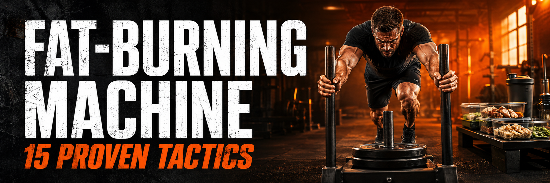 Athlete pushing a weighted sled with text Fat-Burning Machine – 15 Proven Tactics