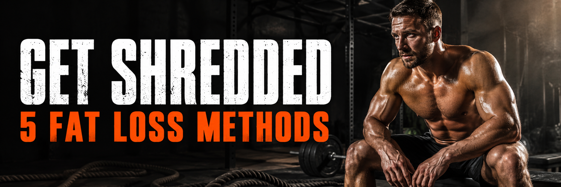 Lean athlete resting in a dark gym with text Get Shredded – 5 Fat Loss Methods