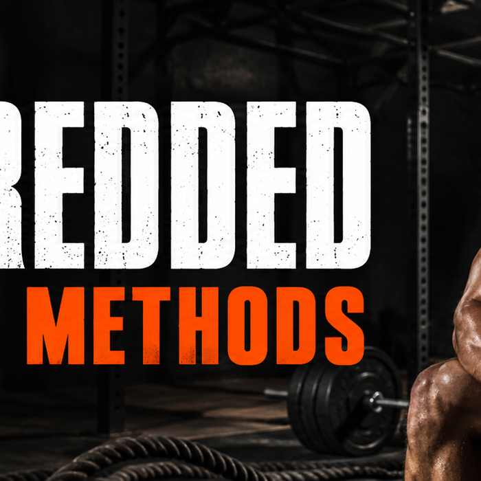 Lean athlete resting in a dark gym with text Get Shredded – 5 Fat Loss Methods