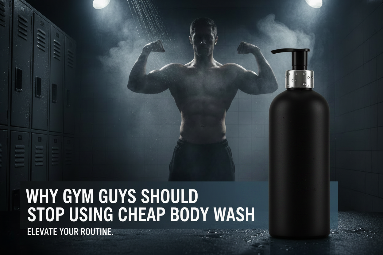 Black bottle of body wash for gym guys