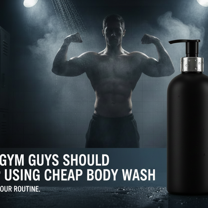 Black bottle of body wash for gym guys