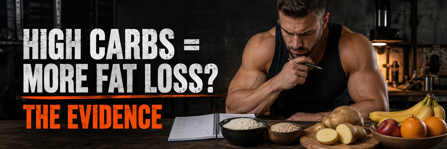 Athlete reviewing rice, oats, potatoes and fruit with text High Carbs Equals More Fat Loss? The Evidence