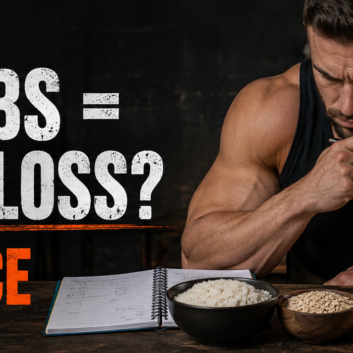 Athlete reviewing rice, oats, potatoes and fruit with text High Carbs Equals More Fat Loss? The Evidence