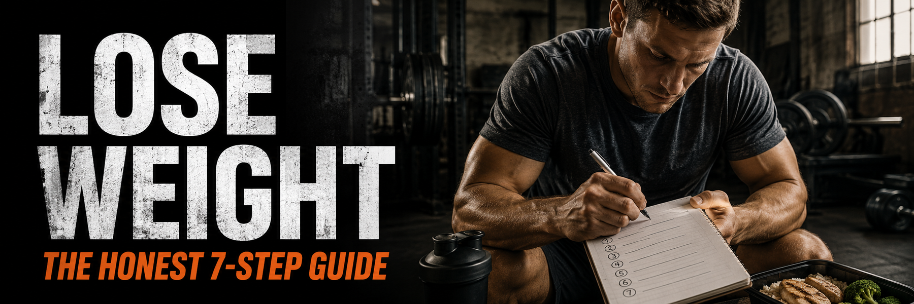 Athlete writing a seven-step plan with text Lose Weight – The Honest 7-Step Guide